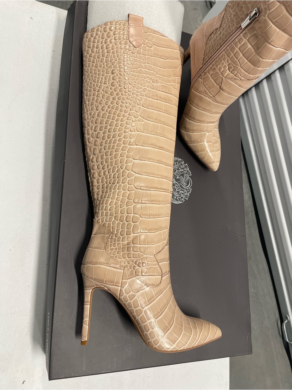 Vince Camuto Beige Croc-Embossed Over-the-Knee Pointed-Toe Stiletto Boots - Picture 2 of 5